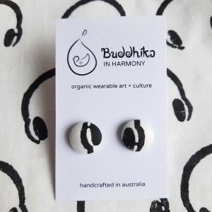 Buddhika organic cotton fabric stud earrings hand block printed black and white